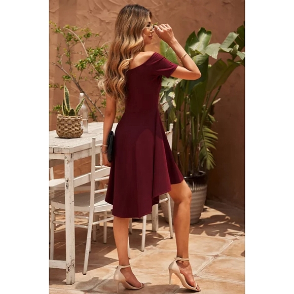 LAST ONE! Plus Size EMMA Off The Shoulder Burgundy High-Low Mini Dress - Picture 3 of 5